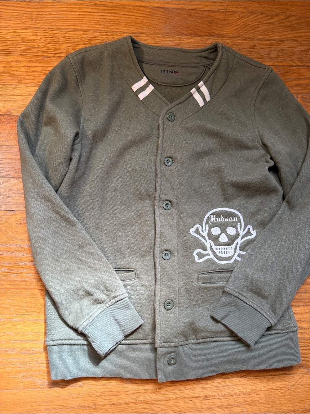 Hudson Jeans Olive Green Button-Front Kids Jacket with Skull Patch